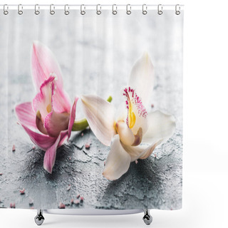 Personality  Close-up View Of Beautiful Pink And White Orchid Flowers And Sea Salt Shower Curtains