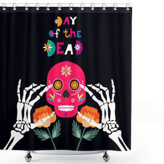 Personality  Dia De Los Muertos, Day Of The Dead Or Halloween Greeting Card,  Banner, Invitation. Sugar Tatoo Skulls, Candle, Maracas, Guitar, Sombrero And  Marigold Flowers, Catrina Calavera Traditional Mexico Skeleton Decoration Vector Illustration. Shower Curtains