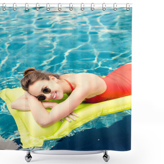 Personality  Happy Young Woman Lying On Inflatable Mattress In Swimming Pool Shower Curtains