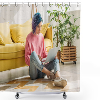 Personality  Freelancer With Colorful Hair Working With Laptop Near Sofa In Living Room Shower Curtains