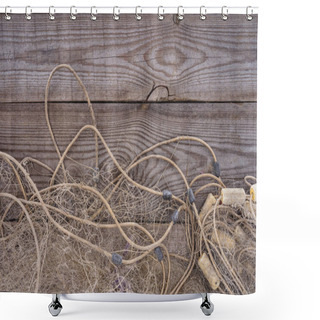 Personality  Flat Lay With Fishing Net On Wooden Background Shower Curtains