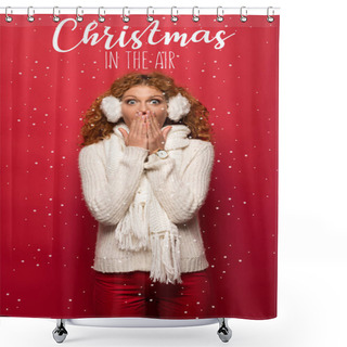 Personality  Shocked Woman Posing In Winter Outfit On Red With Snowfall And Christmas In The Air Illustration Shower Curtains
