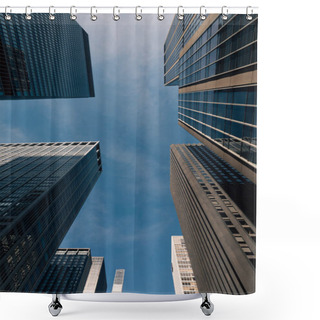 Personality  Bottom View Of Contemporary High-rise Buildings In Manhattan Against Blue And Cloudy Sky In New York City Shower Curtains