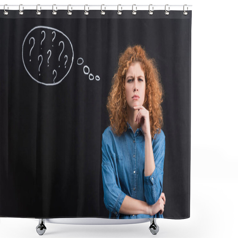 Personality  thoughtful redhead girl with question marks in thought bubble on chalkboard shower curtains