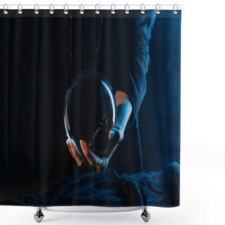 Personality  Partial View Of Crystal Ball In Female Hand On Dark Blue Shower Curtains