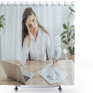 Personality  Upset Businesswoman Sitting At Workplace With Paperwork, Laptop And Electric Fan  Shower Curtains