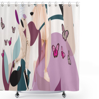 Personality  Panoramic Shot Of Kids Near Colorful Butterflies On White  Shower Curtains