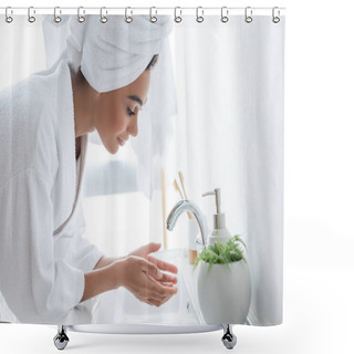 Personality  Young African American Woman Washing Hands In Bathroom Shower Curtains