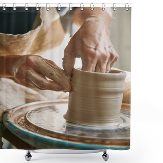 Personality  Selective Focus Of Man Hands Working On Pottery Wheel At Workshop Shower Curtains