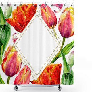 Personality  Amazing Red Tulip Flowers With Green Leaves. Hand Drawn Botanical Flowers. Watercolor Background Illustration. Frame Border Ornament Crystal. Geometric Quartz Polygon Crystal Stone. Shower Curtains