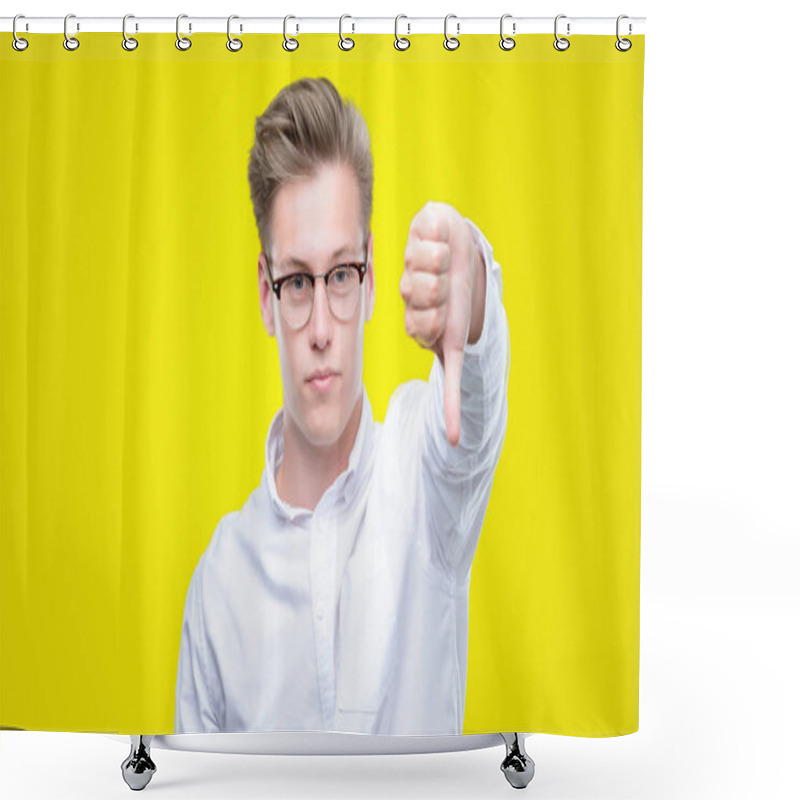 Personality  Young Handsome Blond Man Looking Unhappy And Angry Showing Rejection And Negative With Thumbs Down Gesture. Bad Expression. Shower Curtains