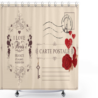 Personality  Retro Postcard With Words I Love Paris And Postmark With Triumphal Arch. Romantic Vector Postcard In Vintage Style With Red Roses And Hearts, Vignette, Rubber Stamp And Place For Text Shower Curtains