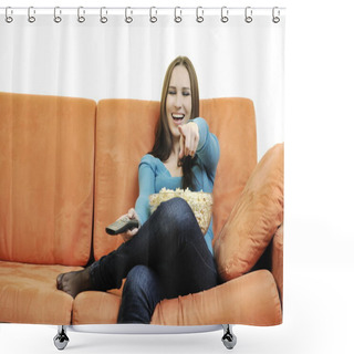 Personality  Young Woman Eat Popcorn On Orange Sofa Shower Curtains