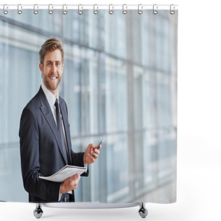 Personality  Businessman Smiling And Holding Phone And Notes Shower Curtains
