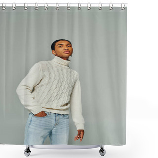Personality  Appealing African American Man With Accessories In White Sweater Looking At Camera, Fashion Concept Shower Curtains