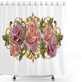 Personality  Golden Vintage Background. Flower Garlands Of Pastel Roses. Old Style Retro. Invitation Card. Shower Curtains