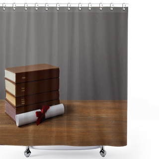 Personality  Brown Books And Diploma With Red Ribbon On Wooden Surface On Grey Shower Curtains