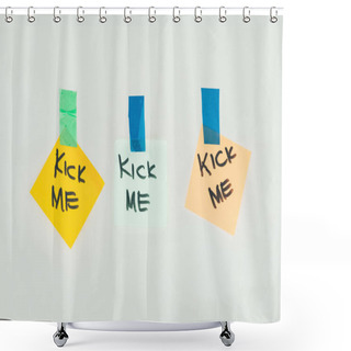 Personality  Close Up View Of Notes With Kick Me Lettering And Sticky Tape Isolated On Grey, April Fools Day Holiday Concept Shower Curtains