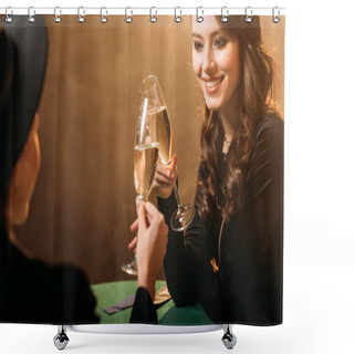 Personality  Smiling Attractive Women Clinking With Glasses Of Champagne At Poker Table In Casino Shower Curtains