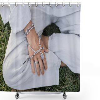 Personality  Partial View Of Man With Mala Beads Sitting In Easy Yoga Pose And Meditating Outdoors Shower Curtains