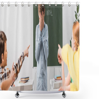 Personality  Panoramic Shot Of Classmates Pointing With Fingers At Frustrated Schoolboy Covering Face, Bullying Concept  Shower Curtains