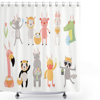 Personality  Big Easter Set With Cute Animals And Eggs With Flowers And Quotes Isolated On White Background. Hand Drawn Vector Illustration. Scandinavian Style Flat Design. Concept For Kids Holiday Print  Shower Curtains