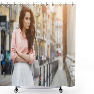 Personality  Pretty Trendy Girl Posing At City  Shower Curtains