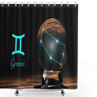 Personality  Crystal Ball With Constellation Near Gemini Zodiac Sign On Wooden Table Isolated On Black Shower Curtains