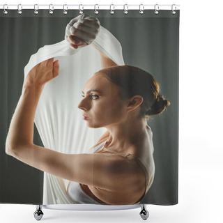 Personality  A Young Beautiful Ballerina In A White Dress Gracefully Holds A White Veil. Shower Curtains