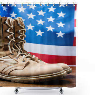 Personality  Military Boots Near American Flag On Blurred Background Shower Curtains