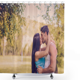 Personality  Young Couple Kissing In A Beautiful Park Shower Curtains