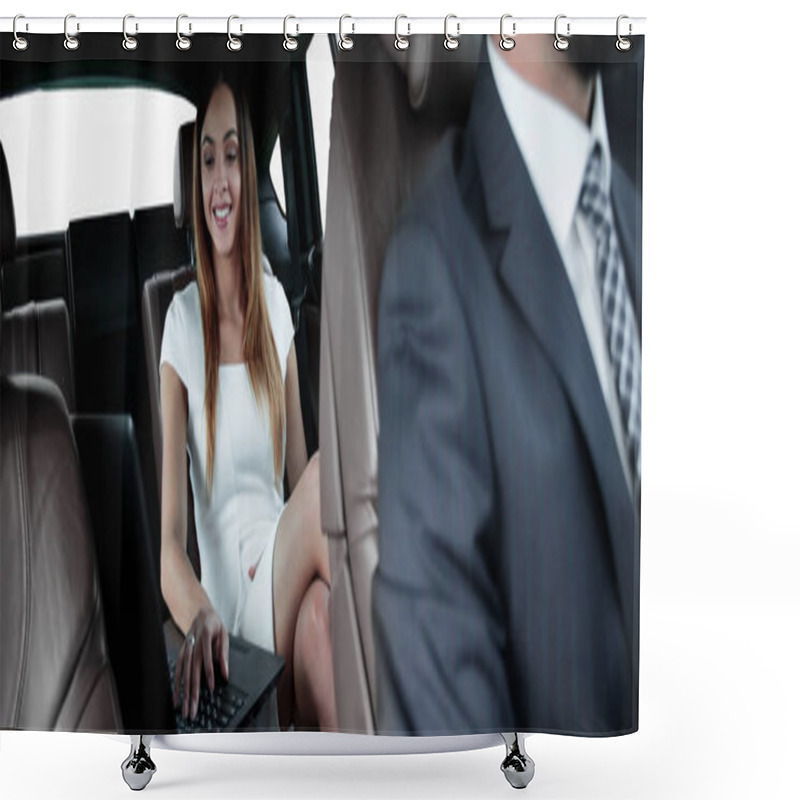 Personality  Executive Businesswoman In Car Work On Her Laptop. Shower Curtains