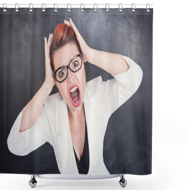 Personality  Angry Screaming Teacher On Blackboard Background Shower Curtains