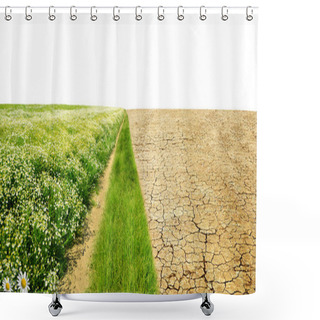 Personality  Dry Country With Cracked Soil And Meadow With Flowers On White Background. Concept Of Change Climate Or Global Warming. Shower Curtains