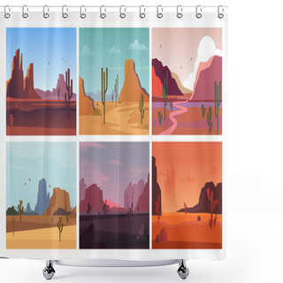 Personality  Desert Landscape Natural. Sandy, Hot Open Yellow Desert Valley In Morning, Horizontal Orange Grand Canyon With Pink Mountains In Afternoon And Evening, Cacti In Sand. Vector Graphics In Flat Style. Shower Curtains