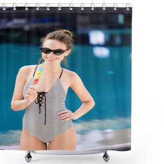 Personality  Happy Young Woman In Swimsuit And Vintage Sunglasses With Colorful Popsicle At Poolside Shower Curtains