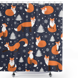 Personality  Children Seamless Pattern With Woodland Animals, Funny Cartoon Characters. Foxes In The Winter Forest. Textile Print. Shower Curtains