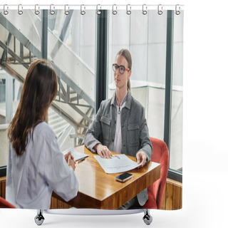 Personality  Two Young Coworkers Man And Woman Discussing Their Paperwork Sitting At Table, Coworking Concept Shower Curtains