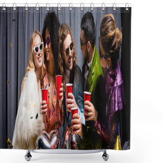 Personality  Happy Interracial Friends In Sunglasses And Stylish Clothes Standing Near Grey Curtain On Black Background, Banner Shower Curtains