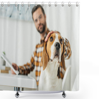 Personality  Businessman With Tablet Palming Cute Beagle Shower Curtains