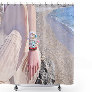 Personality  Model Advertises Bohemian Greek Jewelry On The Beach Shower Curtains