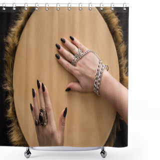 Personality  Top View Of Shaman With Jewelry Rings And Chain On Hands Playing On Tambourine Isolated On Black Shower Curtains