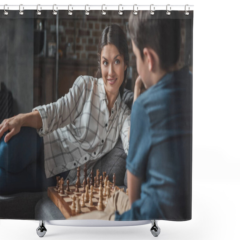 Personality  Mother and boy playing chess shower curtains