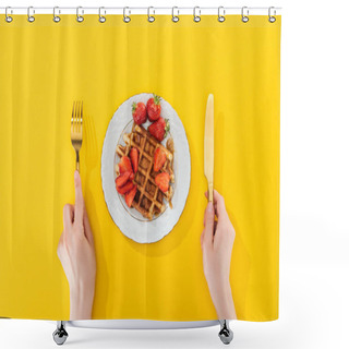 Personality  Cropped View Of Woman Holding Cutlery Near Waffle On Plate On Yellow Shower Curtains