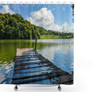 Personality  Wooden Pier Or Jetty And A Boat On Lake Sunset And Sky Reflection Water. Shower Curtains