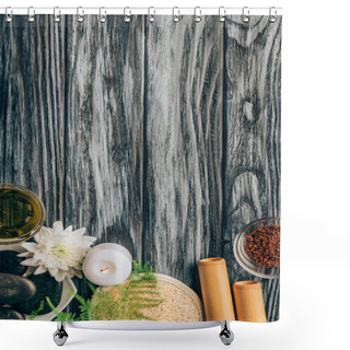 Personality  Top View Of Arranged Pebbles, Oil, Salt And Bamboo Sticks For Spa And Massage On Wooden Background Shower Curtains