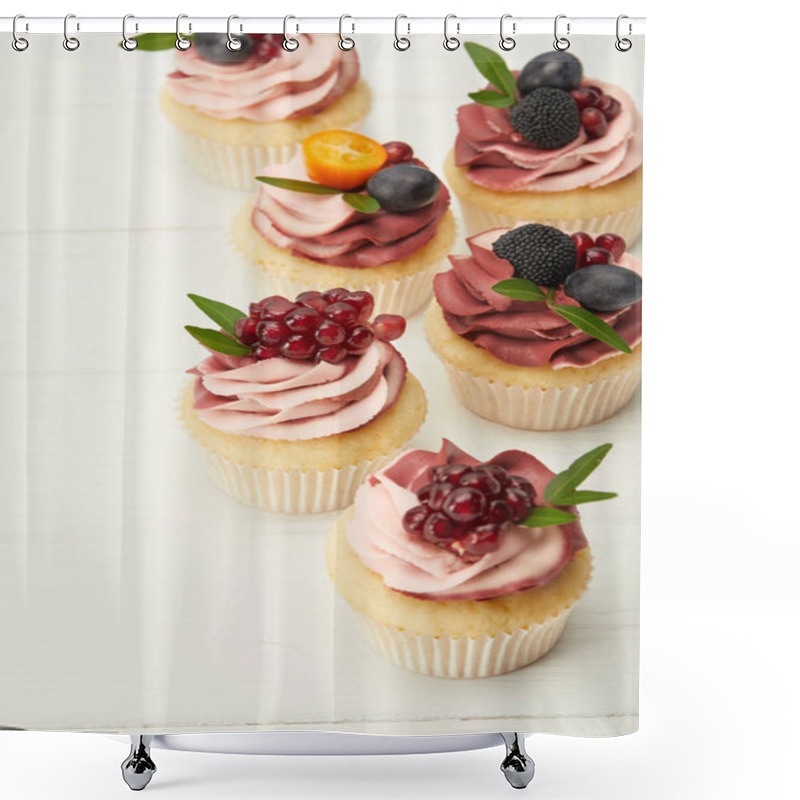 Personality  Selective Focus Of Cupcakes With Cream And Berries On White Surface Shower Curtains