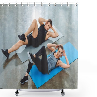 Personality  Sporty Young Couple Doing Abs Exercise In Gym Shower Curtains