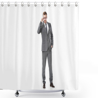 Personality  Handsome Adult Businessman Touching Glasses Isolated On White Shower Curtains