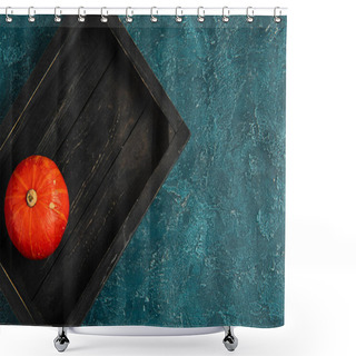 Personality  Thanksgiving Backdrop With Ripe Orange Pumpkin In Black Wooden Tray On Blue Textured Surface Shower Curtains